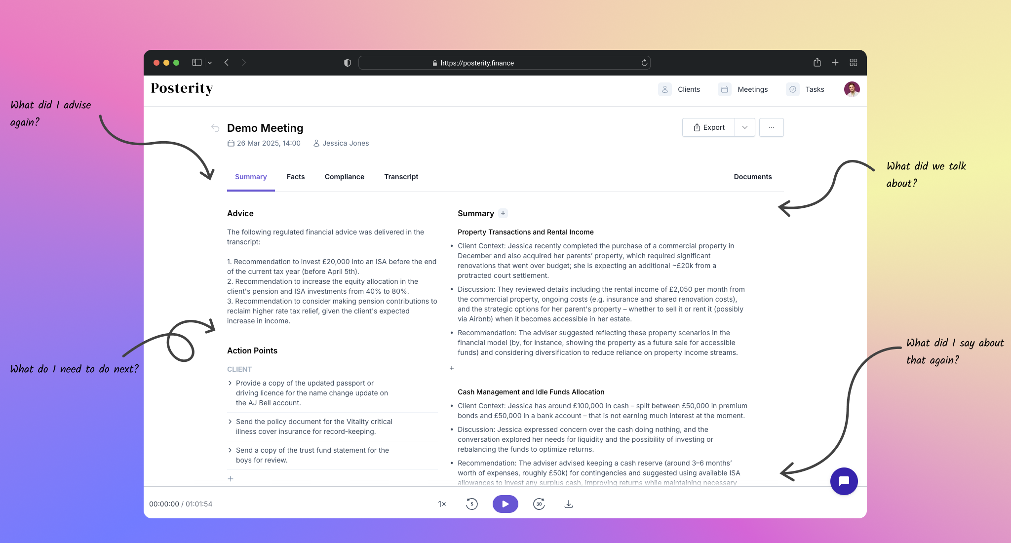 Posterity platform interface showing meeting summary and AI-powered insights for financial advisors